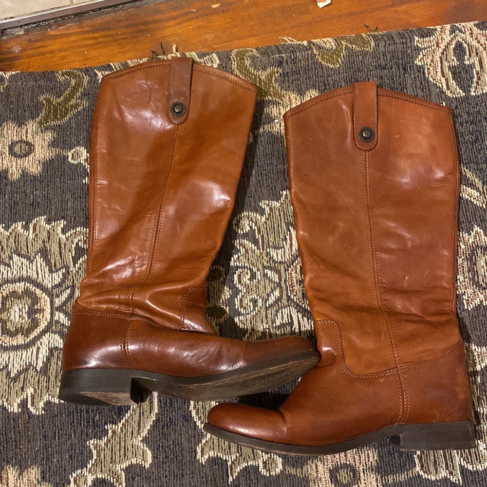 Frye Short Heeled cognac Melissa Boots- extended calf